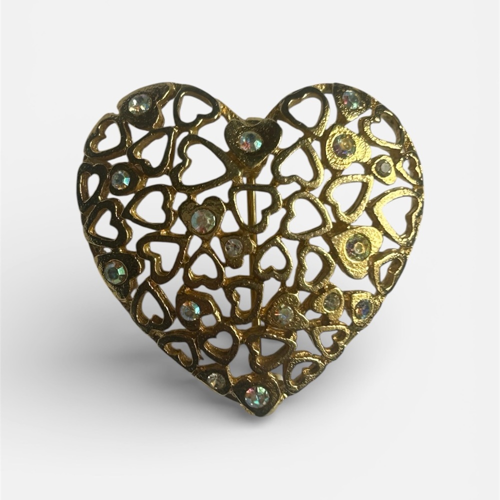 Heart of Hearts Gold Tone Brooch by Jennifer Moore - Filigree Crystal Pin